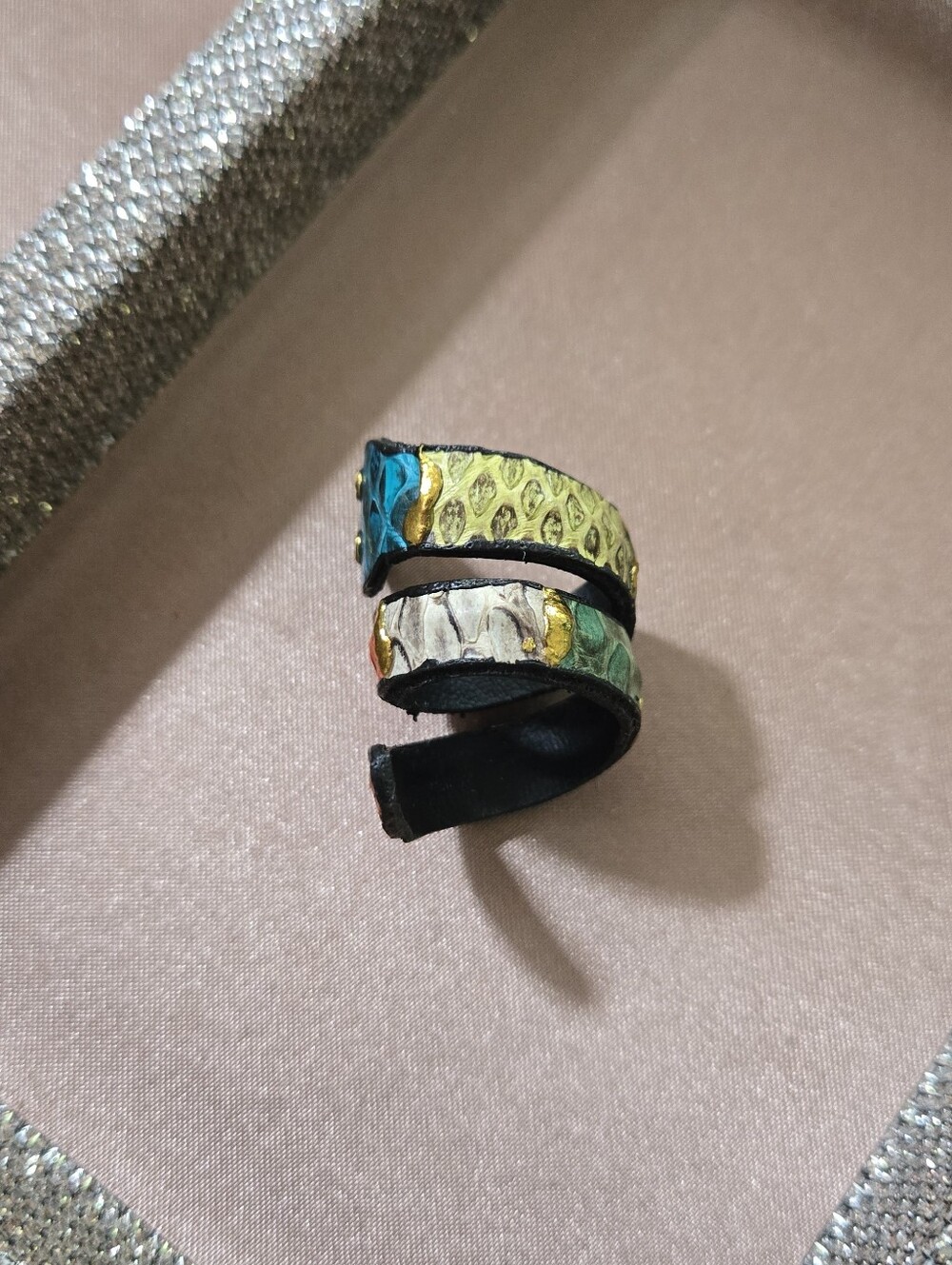 Hand Painted Leather Snake Wrap Ring - Picture 6 of 7